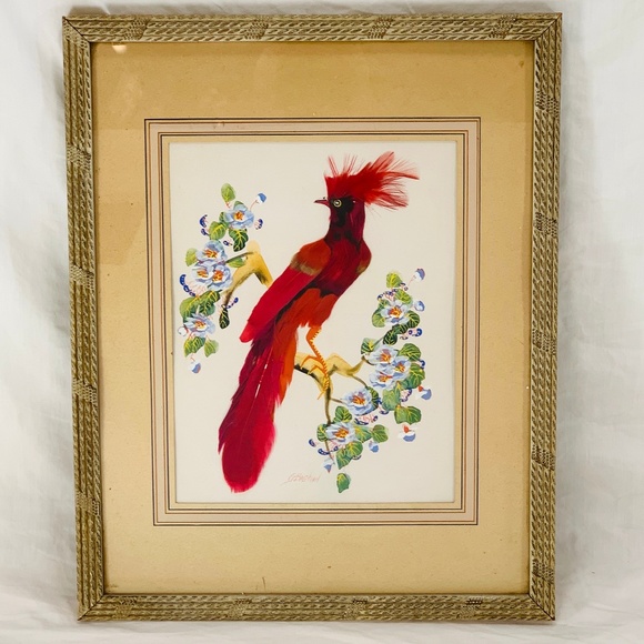Vintage Handmade Real Feather Red Bird Framed